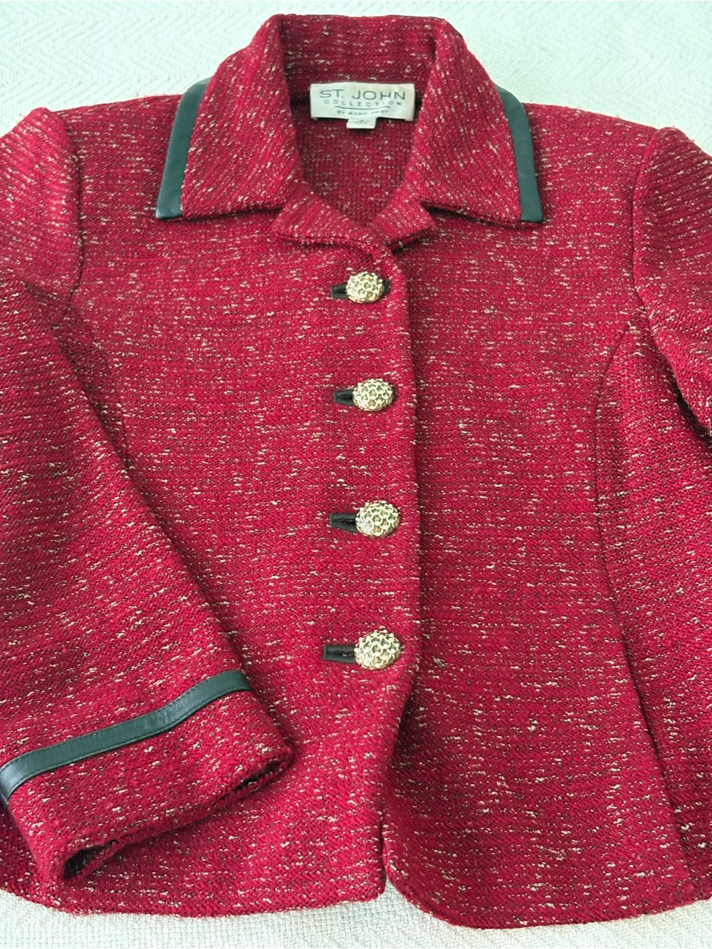 St. John Collection Red Tweed Jacket with Gold Buttons and Black Trim